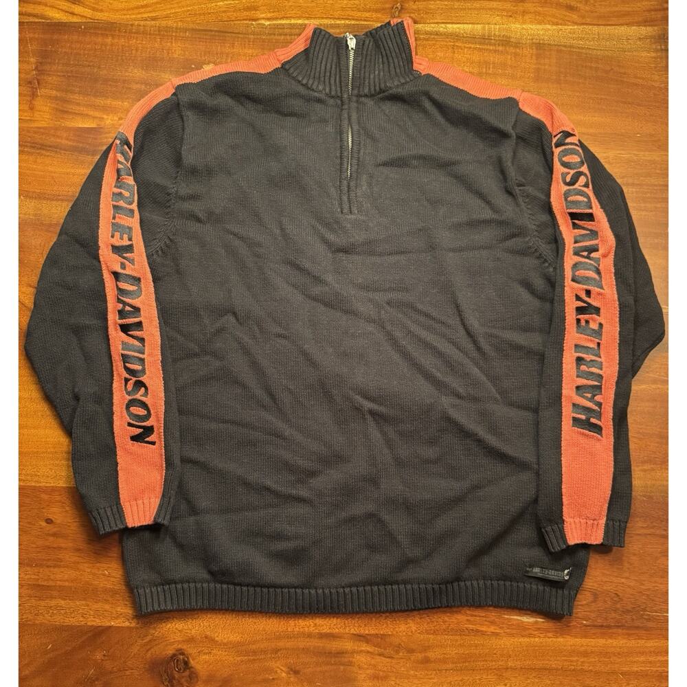 HARLEY DAVIDSON Mens Black Orange 1/4 Zip Pullover Spellout Sleeves Sweater Sz M